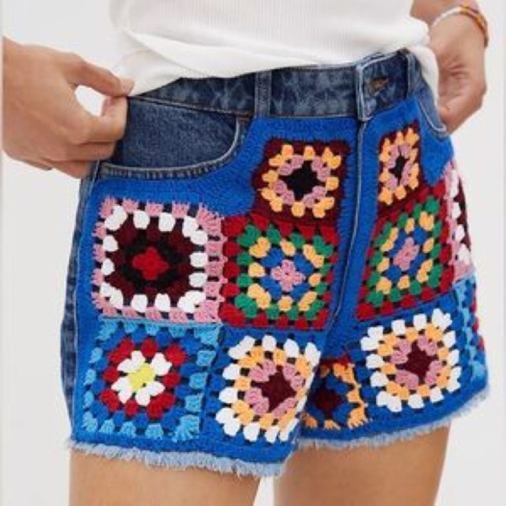 Farm Rio for Anthropologie Multicolor Crochet Patchwork Jean Shorts